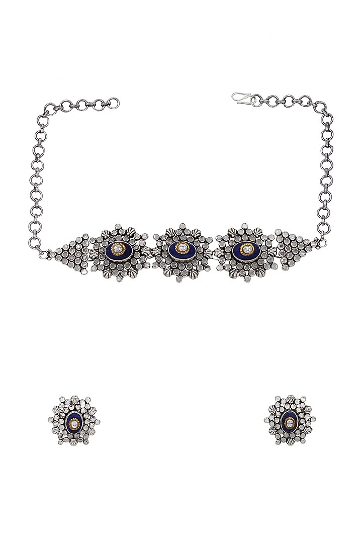 Silver Finish Blue Cheker Stone Handcrafted Necklace Set In Sterling Silver by Sangeeta Boochra at Pernia's Pop Up Shop