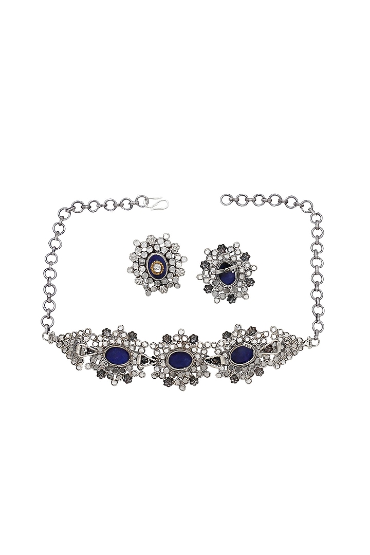 Silver Finish Blue Cheker Stone Handcrafted Necklace Set In Sterling Silver by Sangeeta Boochra at Pernia's Pop Up Shop