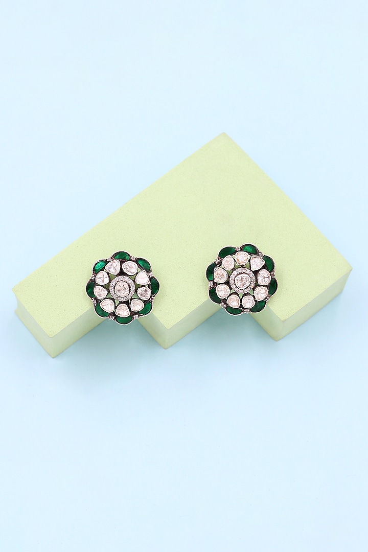 Silver Finish Green Moissanite Stone Handcrafted Stud Earrings In Sterling Silver by Sangeeta Boochra at Pernia's Pop Up Shop