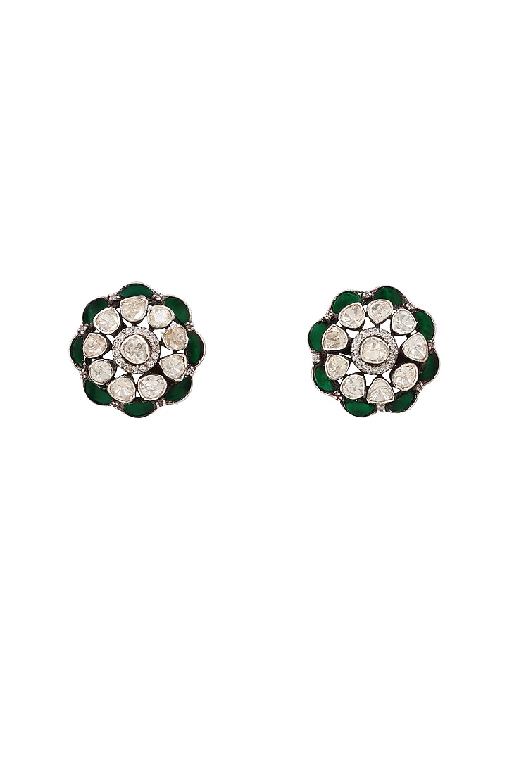 Silver Finish Green Moissanite Stone Handcrafted Stud Earrings In Sterling Silver by Sangeeta Boochra at Pernia's Pop Up Shop