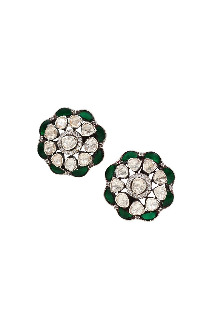 Silver Finish Green Moissanite Stone Handcrafted Stud Earrings In Sterling Silver by Sangeeta Boochra at Pernia's Pop Up Shop