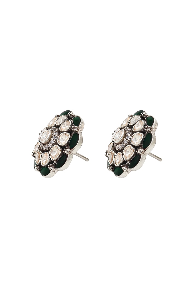 Silver Finish Green Moissanite Stone Handcrafted Stud Earrings In Sterling Silver by Sangeeta Boochra at Pernia's Pop Up Shop