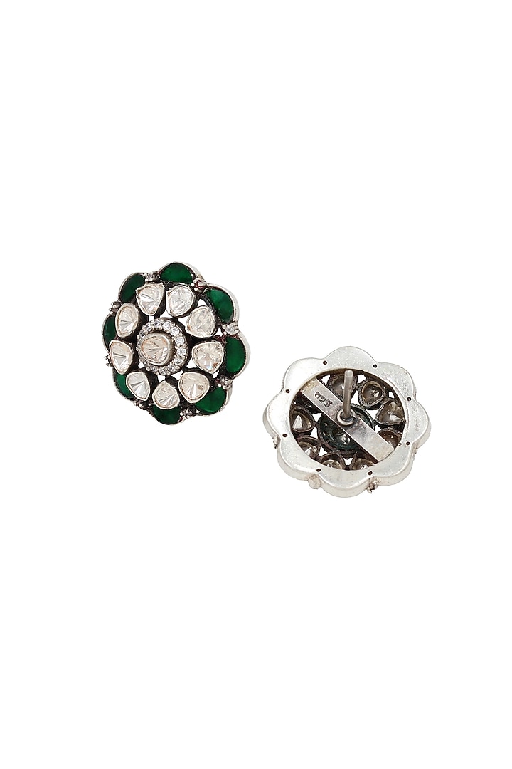 Silver Finish Green Moissanite Stone Handcrafted Stud Earrings In Sterling Silver by Sangeeta Boochra at Pernia's Pop Up Shop