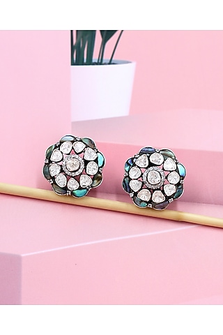 Silver Finish Multi-Colored Moissanite Stone Handcrafted Stud Earrings In Sterling Silver by Sangeeta Boochra