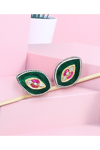Silver Finish Green Hydro Stone Handcrafted Stud Earrings In Sterling Silver by Sangeeta Boochra