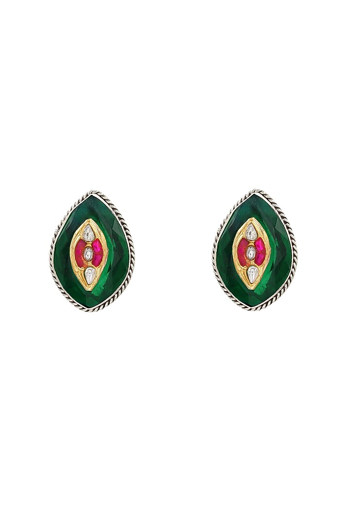 Silver Finish Green Hydro Stone Handcrafted Stud Earrings In Sterling Silver by Sangeeta Boochra at Pernia's Pop Up Shop
