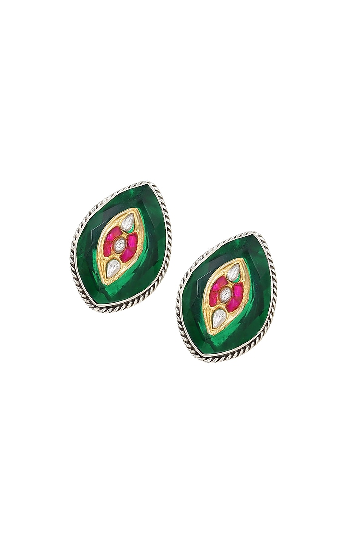 Silver Finish Green Hydro Stone Handcrafted Stud Earrings In Sterling Silver by Sangeeta Boochra at Pernia's Pop Up Shop