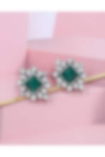 Silver Finish Green Kundan Stone Handcrafted Stud Earrings In Sterling Silver by Sangeeta Boochra at Pernia's Pop Up Shop