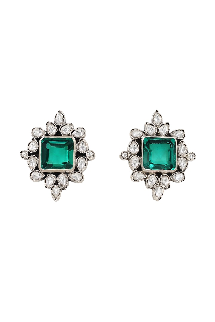 Silver Finish Green Kundan Stone Handcrafted Stud Earrings In Sterling Silver by Sangeeta Boochra at Pernia's Pop Up Shop