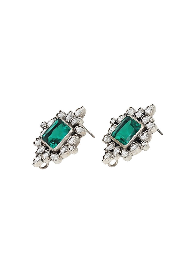 Silver Finish Green Kundan Stone Handcrafted Stud Earrings In Sterling Silver by Sangeeta Boochra at Pernia's Pop Up Shop