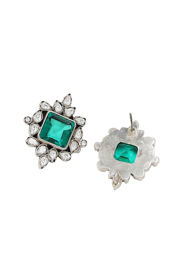 Silver Finish Green Kundan Stone Handcrafted Stud Earrings In Sterling Silver by Sangeeta Boochra at Pernia's Pop Up Shop