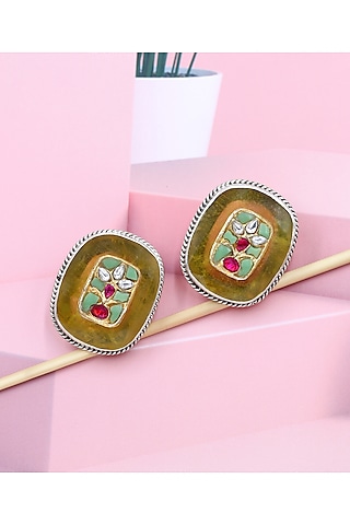 Silver Finish Yellow Hydro Stone Handcrafted Stud Earrings In Sterling Silver by Sangeeta Boochra