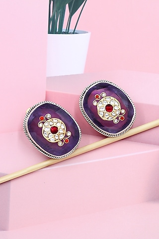 Silver Finish Purple Hydro Stone Handcrafted Stud Earrings In Sterling Silver by Sangeeta Boochra