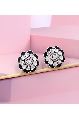 Silver Finish Blue Moissanite Stone Handcrafted Stud Earrings In Sterling Silver by Sangeeta Boochra