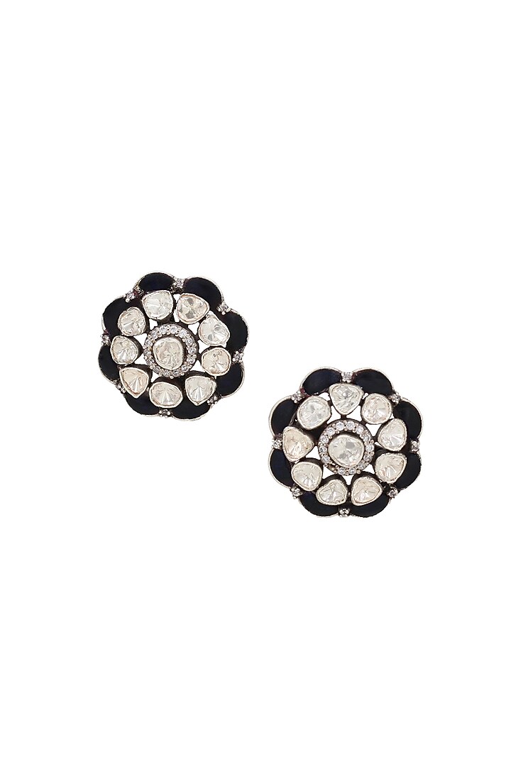 Silver Finish Blue Moissanite Stone Handcrafted Stud Earrings In Sterling Silver by Sangeeta Boochra at Pernia's Pop Up Shop