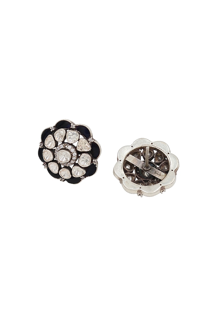 Silver Finish Blue Moissanite Stone Handcrafted Stud Earrings In Sterling Silver by Sangeeta Boochra at Pernia's Pop Up Shop