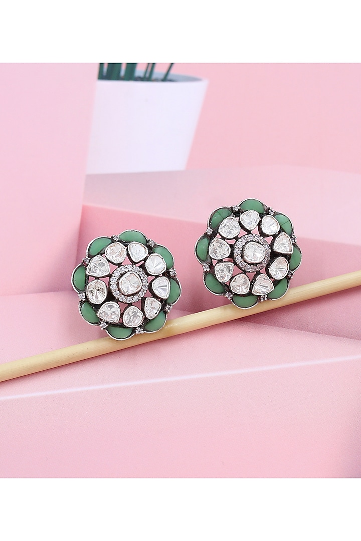 Silver Finish Green Moissanite Stone Handcrafted Stud Earrings by Sangeeta Boochra at Pernia's Pop Up Shop