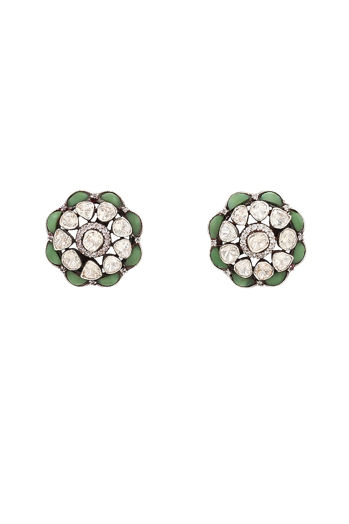 Silver Finish Green Moissanite Stone Handcrafted Stud Earrings by Sangeeta Boochra at Pernia's Pop Up Shop