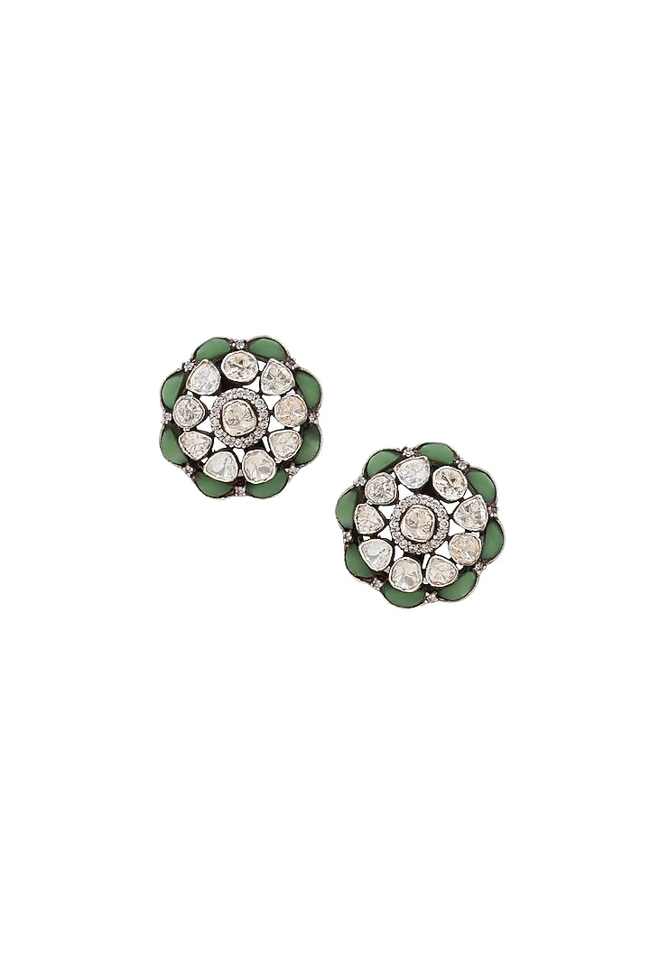 Silver Finish Green Moissanite Stone Handcrafted Stud Earrings by Sangeeta Boochra at Pernia's Pop Up Shop