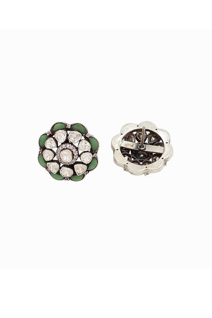 Silver Finish Green Moissanite Stone Handcrafted Stud Earrings by Sangeeta Boochra at Pernia's Pop Up Shop