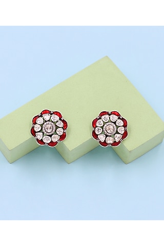 Silver Finish Red Moissanite Stone Handcrafted Stud Earrings by Sangeeta Boochra