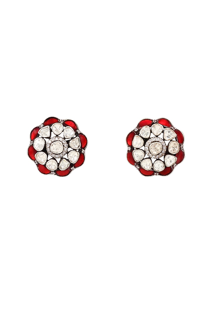 Silver Finish Red Moissanite Stone Handcrafted Stud Earrings by Sangeeta Boochra at Pernia's Pop Up Shop