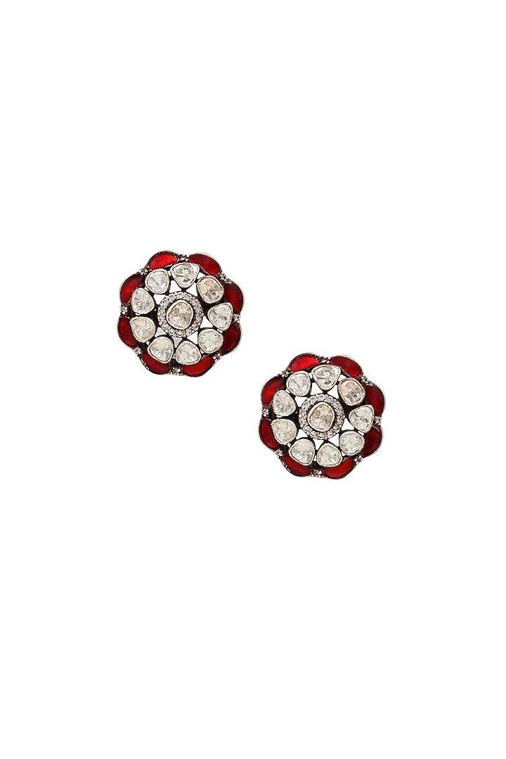 Silver Finish Red Moissanite Stone Handcrafted Stud Earrings by Sangeeta Boochra at Pernia's Pop Up Shop
