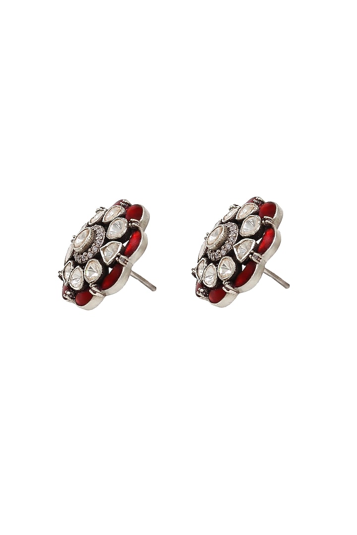 Silver Finish Red Moissanite Stone Handcrafted Stud Earrings by Sangeeta Boochra at Pernia's Pop Up Shop