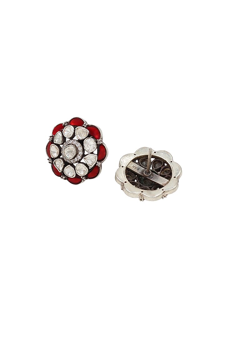 Silver Finish Red Moissanite Stone Handcrafted Stud Earrings by Sangeeta Boochra at Pernia's Pop Up Shop
