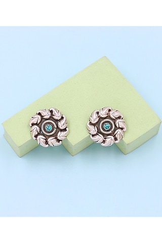 Silver Finish Turquoise Stone Handcrafted Stud Earrings by Sangeeta Boochra