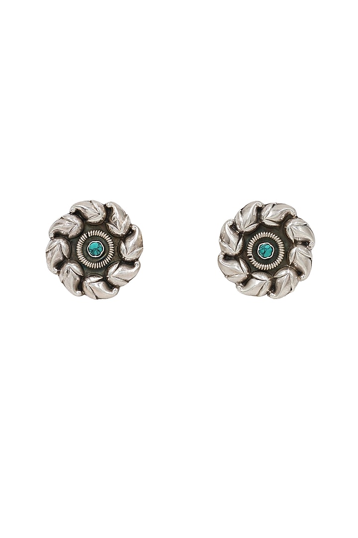 Silver Finish Turquoise Stone Handcrafted Stud Earrings by Sangeeta Boochra at Pernia's Pop Up Shop