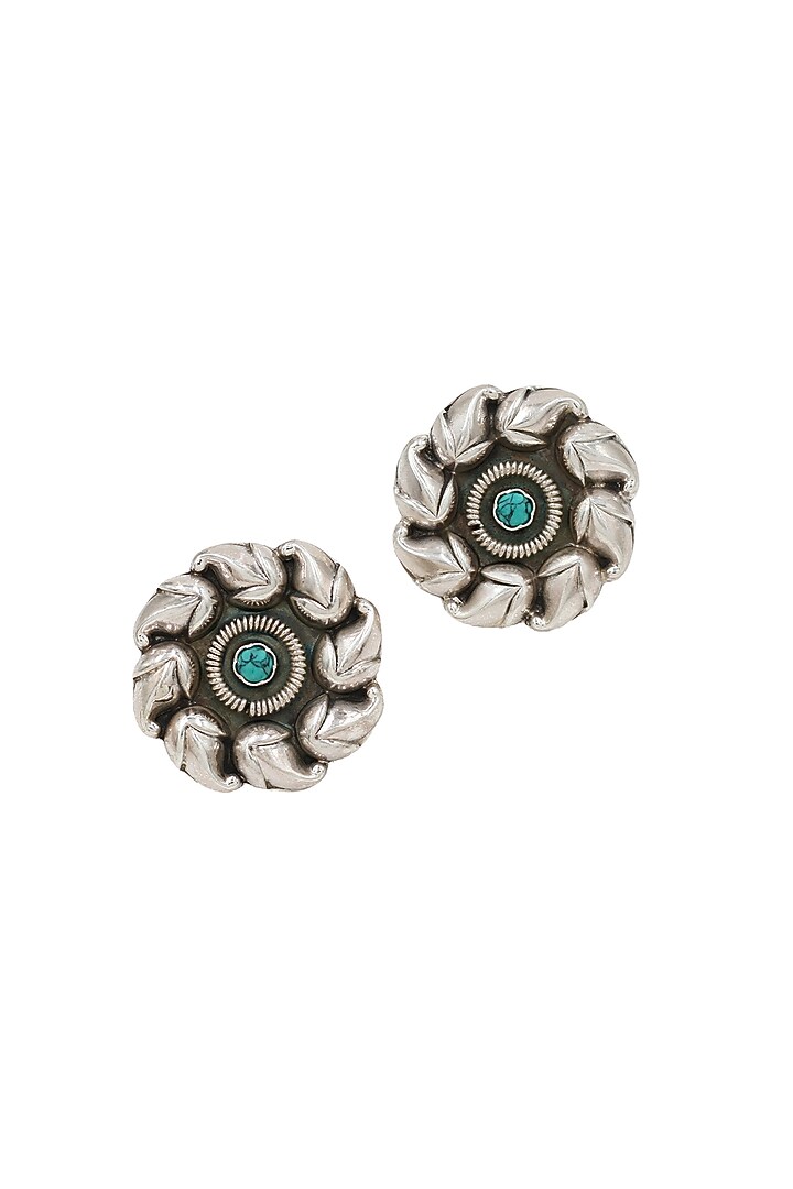 Silver Finish Turquoise Stone Handcrafted Stud Earrings by Sangeeta Boochra at Pernia's Pop Up Shop