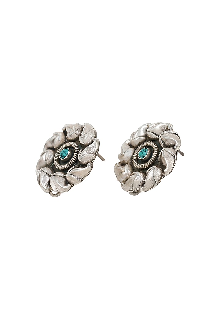 Silver Finish Turquoise Stone Handcrafted Stud Earrings by Sangeeta Boochra at Pernia's Pop Up Shop