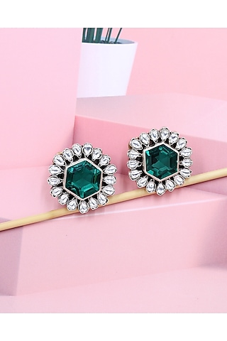 Silver Finish Green Hydro Stone Handcrafted Stud Earrings by Sangeeta Boochra