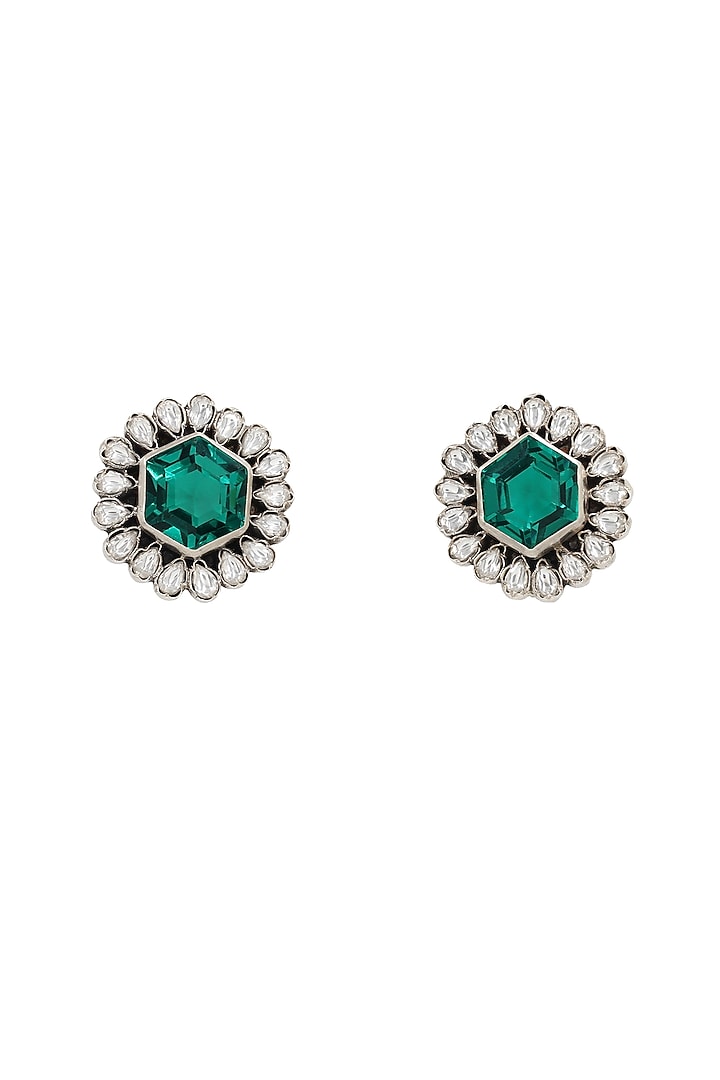 Silver Finish Green Hydro Stone Handcrafted Stud Earrings by Sangeeta Boochra at Pernia's Pop Up Shop