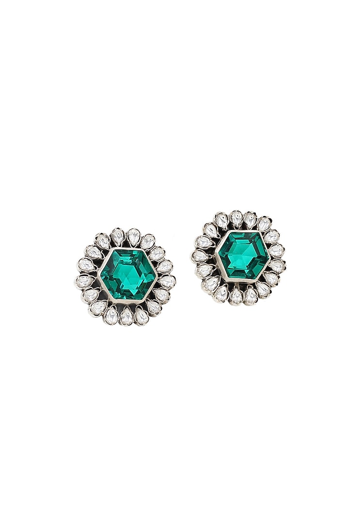 Silver Finish Green Hydro Stone Handcrafted Stud Earrings by Sangeeta Boochra at Pernia's Pop Up Shop
