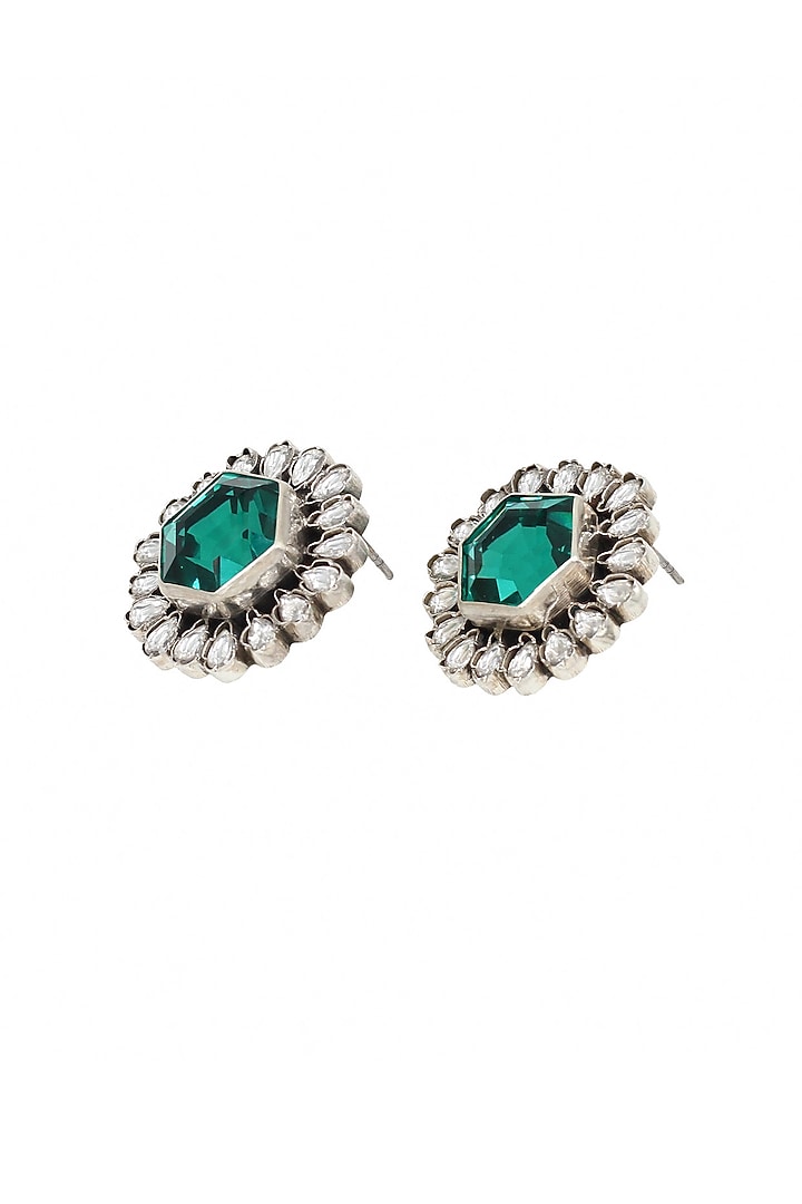 Silver Finish Green Hydro Stone Handcrafted Stud Earrings by Sangeeta Boochra at Pernia's Pop Up Shop