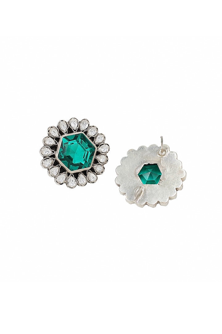 Silver Finish Green Hydro Stone Handcrafted Stud Earrings by Sangeeta Boochra at Pernia's Pop Up Shop