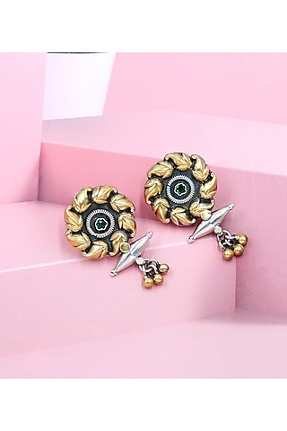 Two-Tone Finish Green Hydro Stone Handcrafted Stud Earrings by Sangeeta Boochra
