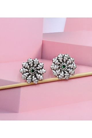 Silver Finish Green Hydro Stone Handcrafted Stud Earrings by Sangeeta Boochra