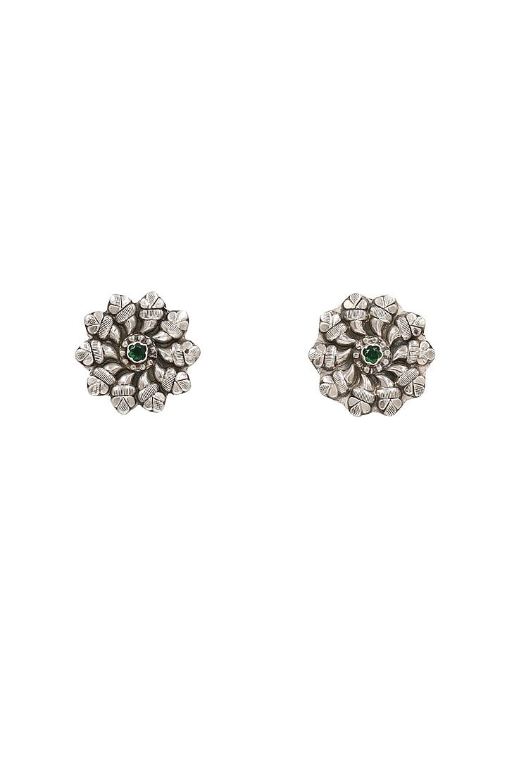 Silver Finish Green Hydro Stone Handcrafted Stud Earrings by Sangeeta Boochra at Pernia's Pop Up Shop