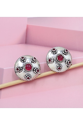 Silver Finish Red Hydro Stone Handcrafted Stud Earrings by Sangeeta Boochra