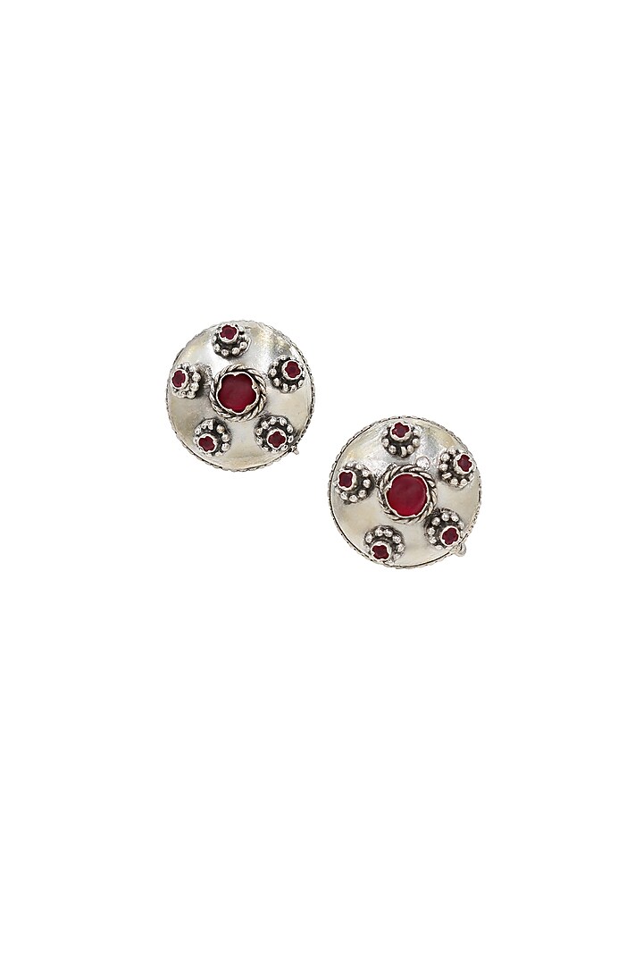 Silver Finish Red Hydro Stone Handcrafted Stud Earrings by Sangeeta Boochra at Pernia's Pop Up Shop