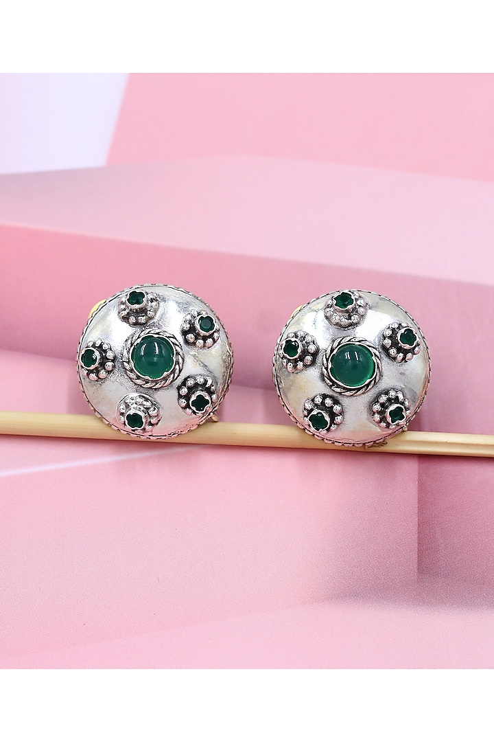 Silver Finish Green Hydro Stone Handcrafted Stud Earrings by Sangeeta Boochra at Pernia's Pop Up Shop