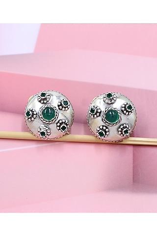 Silver Finish Green Hydro Stone Handcrafted Stud Earrings by Sangeeta Boochra