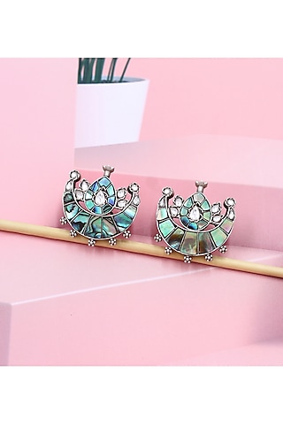 Silver Finish Multi-Colored Mother Of Pearl Handcrafted Stud Earrings by Sangeeta Boochra
