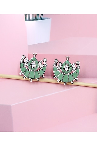 Silver Finish Green Hydro Stone Handcrafted Stud Earrings by Sangeeta Boochra