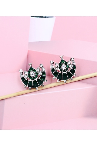 Silver Finish Green Hydro Stone Handcrafted Stud Earrings by Sangeeta Boochra