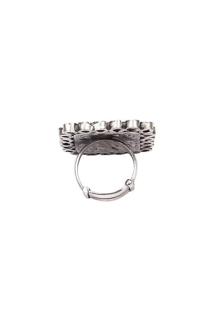 Silver Finish Checkered Pattern Square Engraved Ring In Sterling Silver by Sangeeta Boochra at Pernia's Pop Up Shop