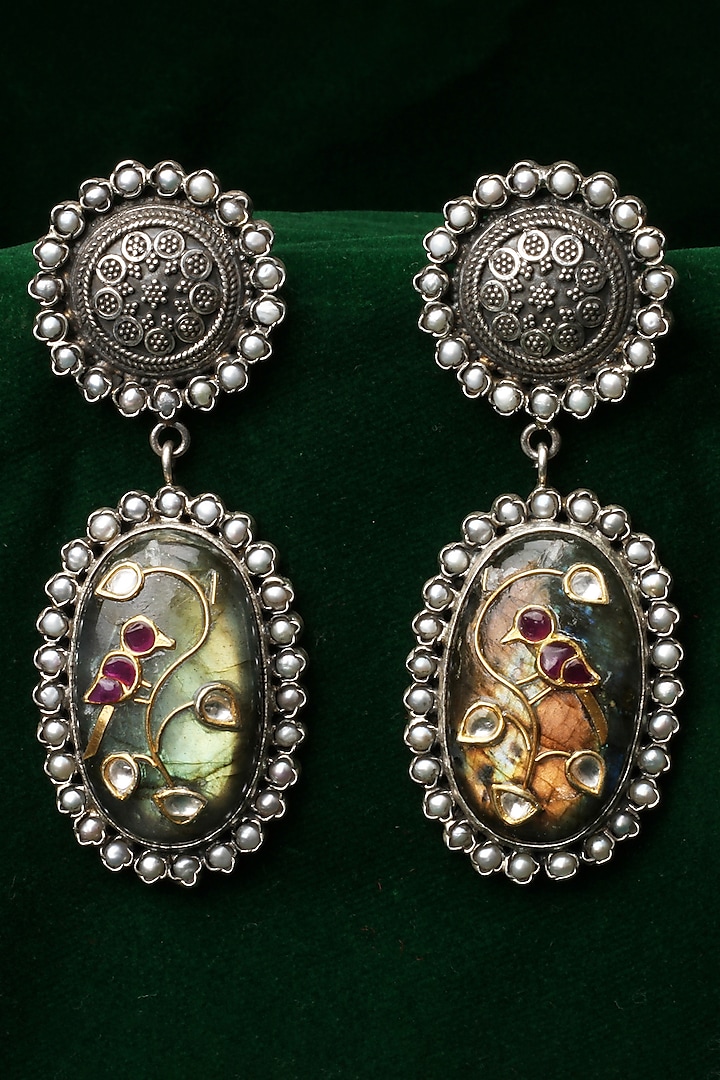 Silver Finish Labradorite & Kundan Polki Dangler Earrings In Sterling Silver by Sangeeta Boochra